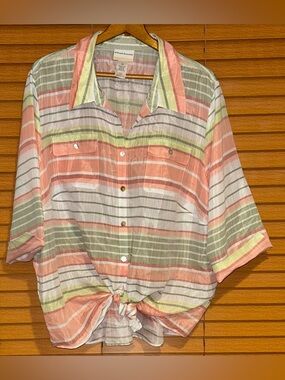 Alfred Dunner Peach, Sage & Cream Striped Tie-Front Shirt